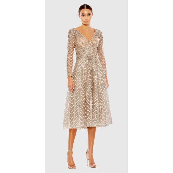 MAC DUGGAL 20399 EMBELLISHED LONG SLEEVE WRAP OVER TAUPE  DRESS  24 - Picture 1 of 5